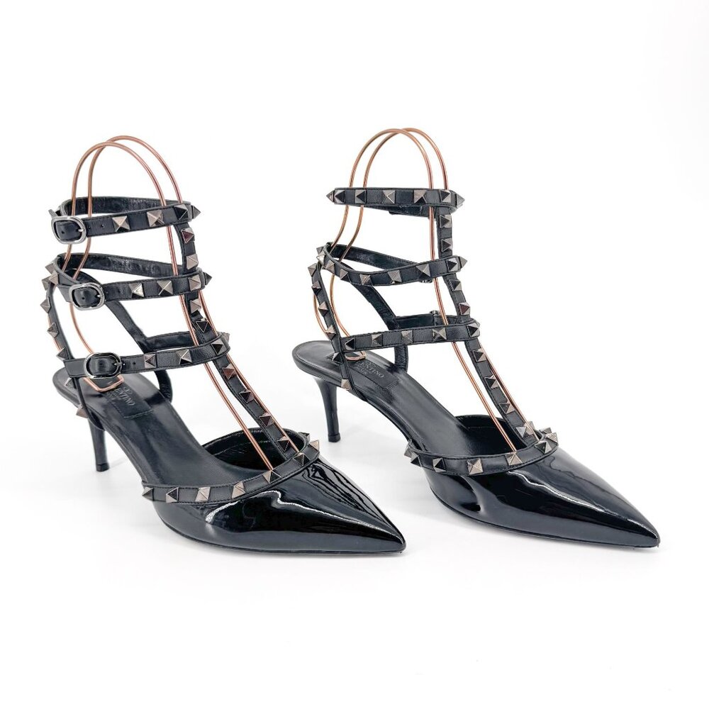 Valentino Rockstud Black Patent Leather Caged Strappy Pumps Heels Size 40 US 10